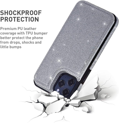 UEEBAI Case for iPhone 12 Pro Max 6.7 inch, Premium Glitter PU Leather Wallet Cover with Card Slots and Stand Function