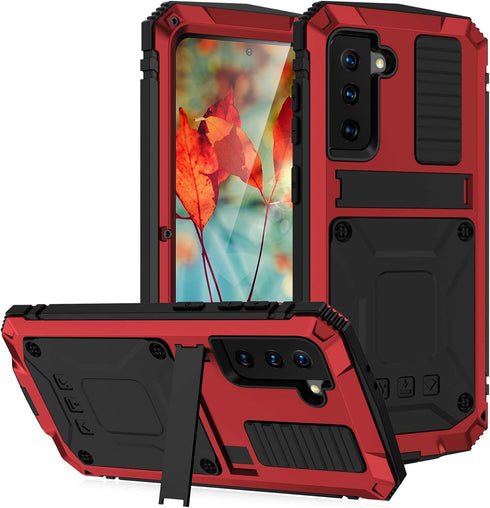 Samsung Galaxy S21 Case Compatible, Heavy Duty Aluminum Metal Waterproof Shockproof Protector Cover Hard Case (Red)