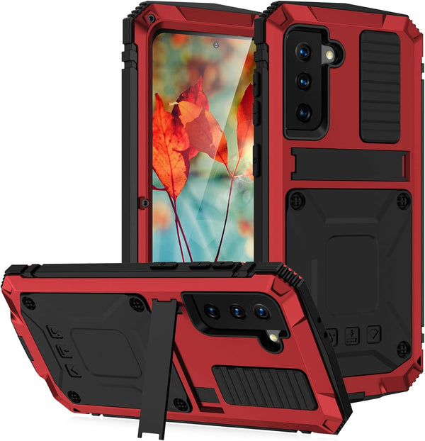 Samsung Galaxy S21 Case Compatible, Heavy Duty Aluminum Metal Waterproof Shockproof Protector Cover Hard Case (Red)