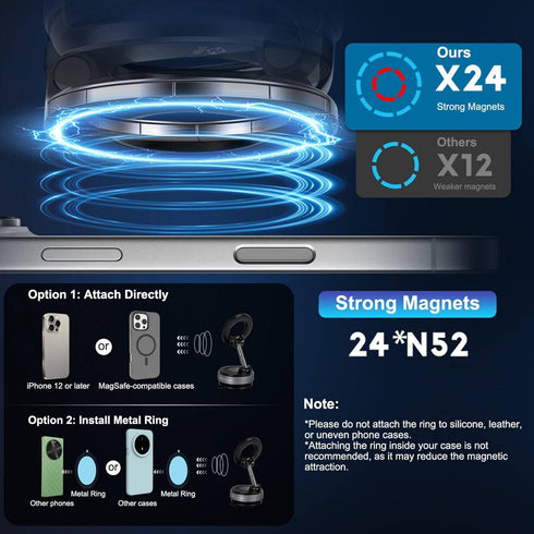 Jikasho 360 Vacuum Magnetic Car Phone Holder for Magsafe, Hands-Free Adjustable Suction Cup Phone Mount