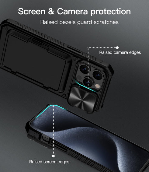iPhone 15 Pro Max Case - Rugged Black Wallet Case with Card Holder, Kickstand & Slide Camera Cover, Military Grade