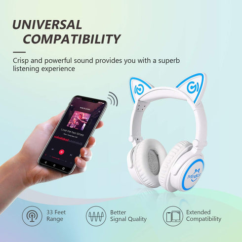 Headphones for Back to School, Kids Cat Ear Headphones, Foldable Bluetooth Wireless Headphones with Microphone, LED