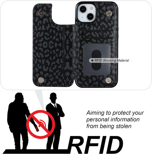 HAOPINSH Wallet Case for iPhone 13/14 with Card Holder, Black Leopard Cheetah Pattern Back Flip Case PU Leather