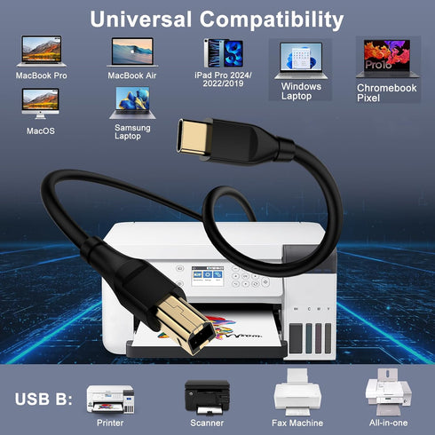 10 USB C Printer Cable Feet Long USB B to USB C Printer Scanner Cord to Computer for MacBook Pro/Air, iPad Pro/Air, HP