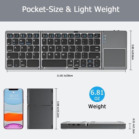 KUNSI Foldable Bluetooth Keyboard with Touchpad, Ultra Slim Portable Wireless Keyboard with Rechargeable Battery