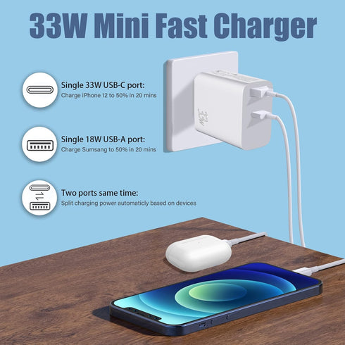 Dual USB C 33W Fast Wall Charger, Mini Block Power Brick Type C Adapter for iPhone 13/12/11 Pro Max, iPad Pro