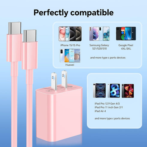 for iPhone USB C Charger Fast Charging, 3Pack 20W USB C Block with 60W USB C to C Cable 6FT, Pink