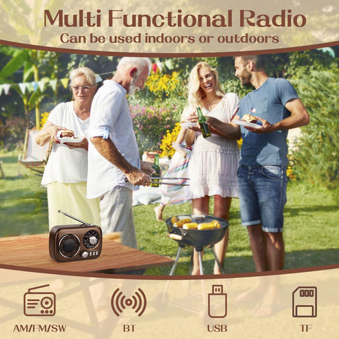 Gelielim Portable Radio AM FM, Bluetooth Speaker Retro Radio, Support USB/TF Card, Rechargeable Battery Operated, Suitable for Indoor&Outdoor, Gift for Parents