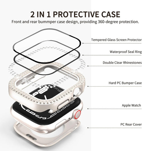 2 in 1 Waterproof Bling Case Compatible for Apple Watch 40mm Screen Protector SE Series 6/5/4, Women Glitter Diamond Rhinestone Bumper Face Cover for iWatch Accessories 40 mm Starlight