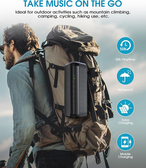 Solar Bluetooth Speaker Portable, 5000mAh Wireless Speaker, IPX6 Waterproof, Bluetooth 5.3, 50H Play Time