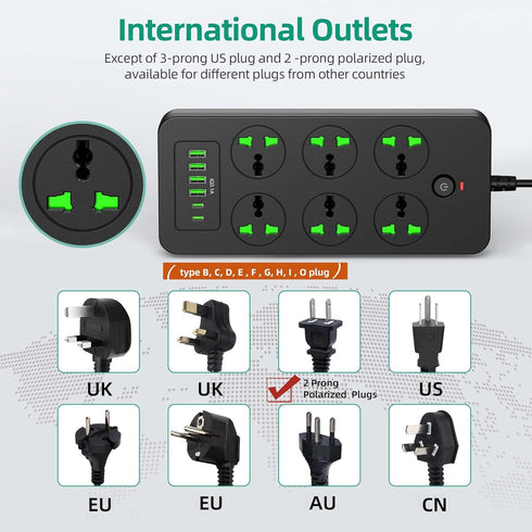 Universal Power Strip with 6 Outlets, 4 USB, 2 USB C Ports, 3.1A Fast Charge, Flat Plug Extension Cord for Home Office