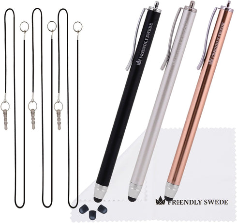The Friendly Swede High Precision Stylus Pens - 3pcs 5.5" Stylus Pen for iPad with Replaceable Tips, Gold/Silver/Black