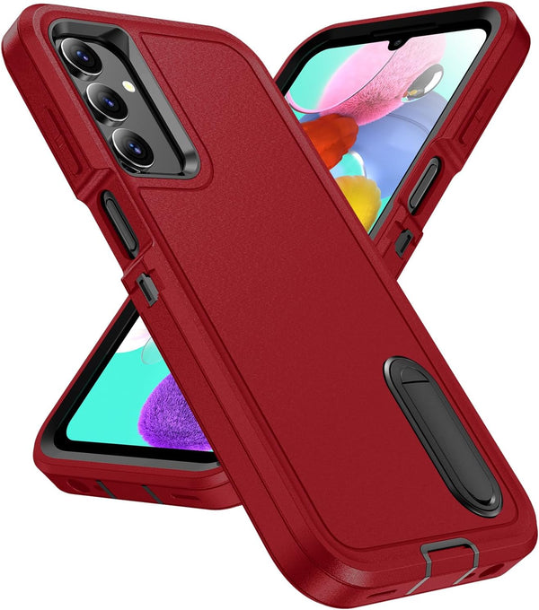 Galaxy A15 5G Case with Kickstand, 3-Layer Military Grade Protective Cover, Shockproof Silicone - Red/Black