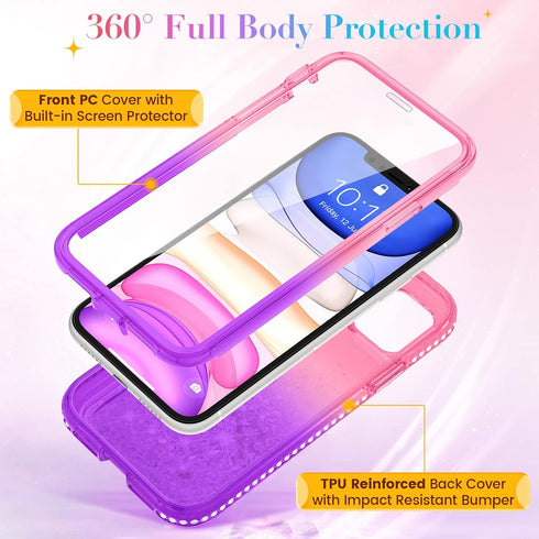 Ruky for iPhone 11 Glitter Case with Built-in Screen Protector, Full Body Rugged Liquid Cover, Shockproof Protective