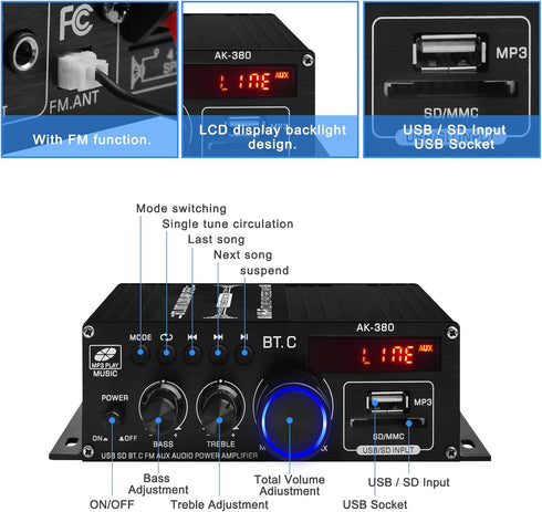 Bluetooth 5.0 Audio Power Amplifier AK-380 - 400W+400W 2.0 CH HiFi Stereo Amp Receiver with USB, SD, AUX, Remote