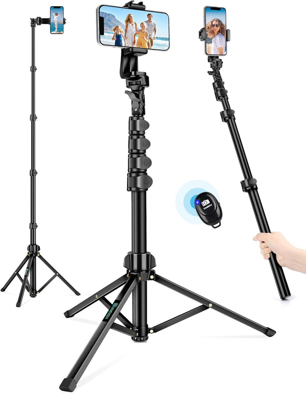 Phone Tripod, 71" Selfie Stick Tripod Stand with Remote, Tall Travel Tripod for Recording Video Selfies, Compatible
