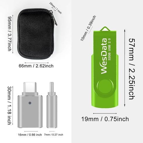 WesData 5 Pack 8GB 2 Pack PC(5 USB Flash Drive and USB C Adapters in a Case, Thumb Drives Memory Stick Storage