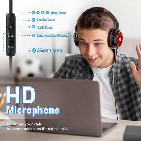 Kids Headphones (Black-Red) with 85dB/94dB Volume Limiter, Foldable HD Stereo Sound, Microphone for Kindle/iPad/Laptop.
