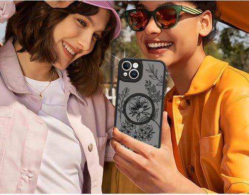 OOK 15 6.1 Inch Designed for iPhone Case Black Floral Flower Leaves Pattern Compatible with Magsafe Soft TPU Bumper