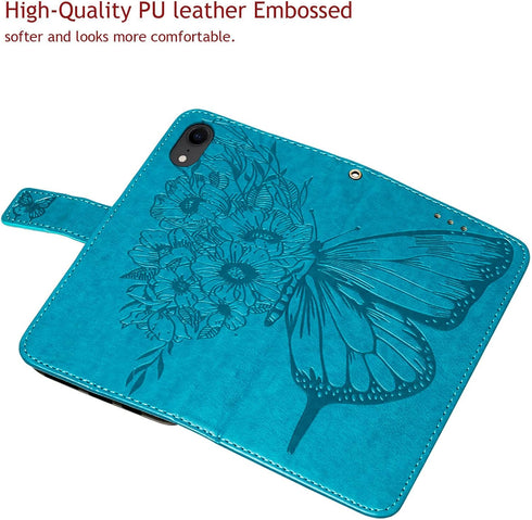 Phone Case for iPhone XR Wallet, Butterfly Floral Embossed PU Leather Flip Cover with Card Holder and Wrist Strap