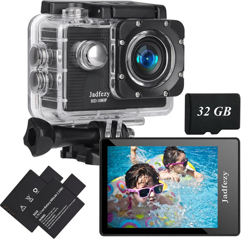 Jadfezy Action Camera FHD 1080P with 32GB Card, 98FT/30M Underwater Waterproof Camera with