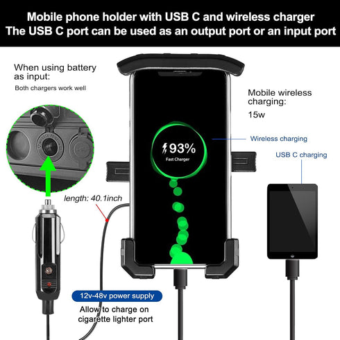 Roykaw Golf Cart Phone Mount Holder - Qi 15W Wireless & Type C 20W Fast Charging for iPhone/Galaxy/Google Pixel