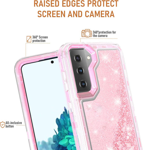 Asuwish Samsung Galaxy S21 5G Case - 6.2" Bling Liquid Glitter, Clear Hybrid TPU, Military Grade, Heavy Duty, Pink for
