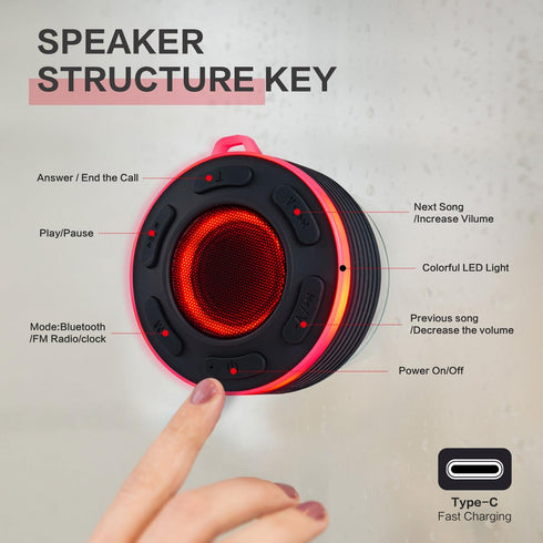 Portable Bluetooth Speaker with HiFi Stereo Sound, IP7 Waterproof with Suction Cup for Outdoor and Shower Use