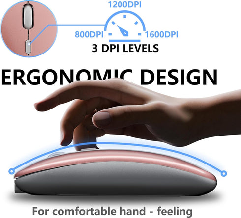 Slim Rechargeable Wireless Silent Mouse, 2.4G Wireless & Bluetooth Technology for Laptop/PC/Mac/iPad (Rose Gold)