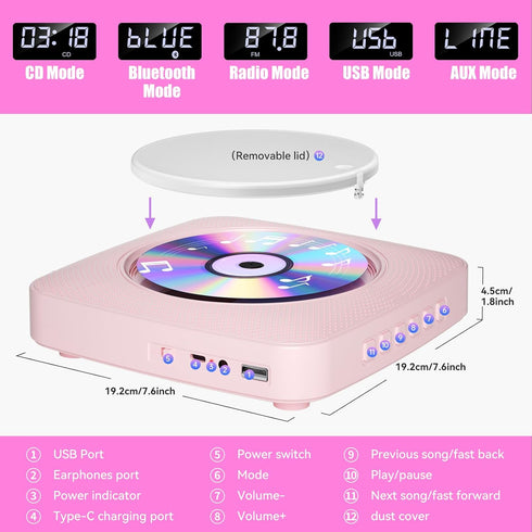 Gueray 1800mAh CD Player Portable with Bluetooth Wall Mountable, Rechargeable Battery Operated CD Music Players
