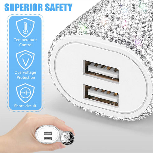 Bling USB Wall Charger with Charging Cable - Fast Block for iPhone Android, 3 in 1 Multi Cable with Crystal Decoration