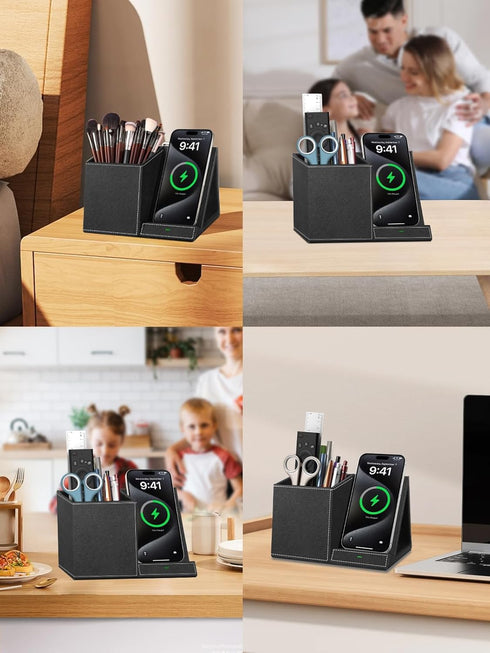 Pen Holder for Desk, Organizer with Wireless Charger, Multi-Functional Pencil Organizer for Home Office Supplies