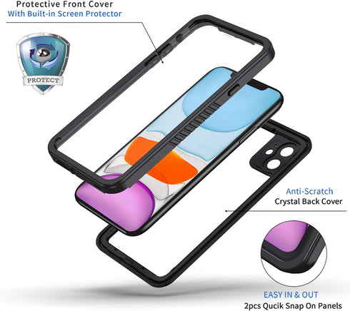 Lanhiem iPhone 11 Case, IP68 Waterproof Dustproof with Built-in Screen Protector, Heavy Duty Clear Back Cover (Black)