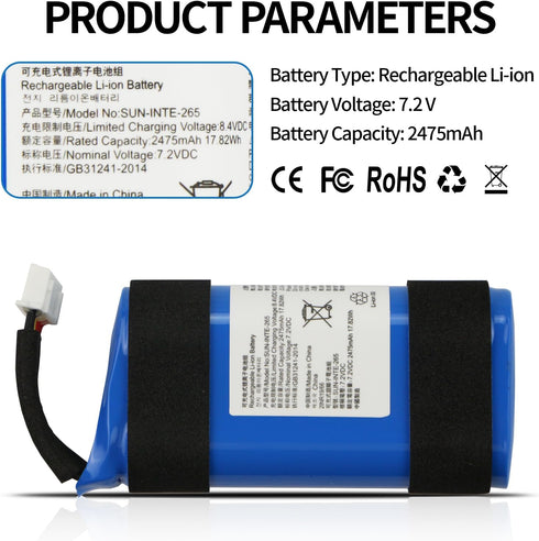 ZTHY SUN-INTE-265 Battery for J B L PartyBox On-The-Go Portable Speaker, 7.2V 2475mAh