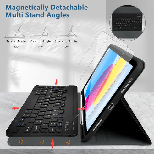 TopPerfekt Bluetooth Keyboard Case for iPad 10th Gen 10.9-inch (2022) with Screen Protector, Black Leopard