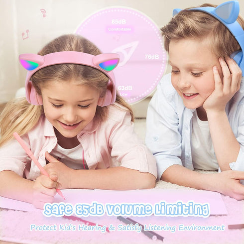 Kids Wireless Headphones, Bluetooth Over Ear Headset with Microphone, Cat Ear LED Light, Foldable Earphones for