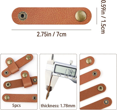 5 Pieces PU Leather Cord Organizer Reusable Cable Organizer Cord Keeper for Cable Straps,wrap Headphone,Earbud case,Headset (Brown)