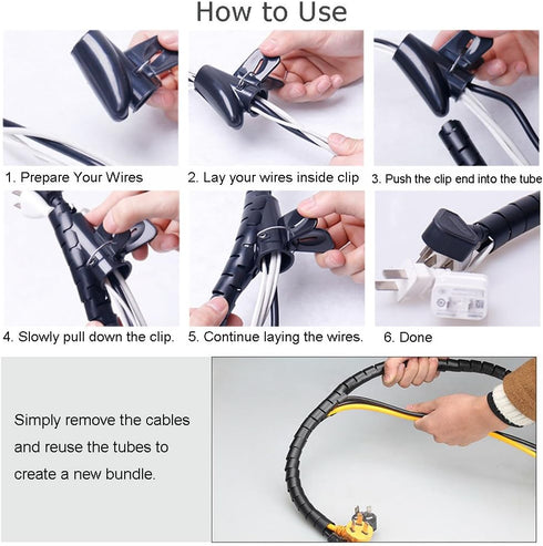 Black Cable Wire Organizer Cord Sleeve, 5 Feet EZ Cable Sleeve Bundler for Home & Office Management