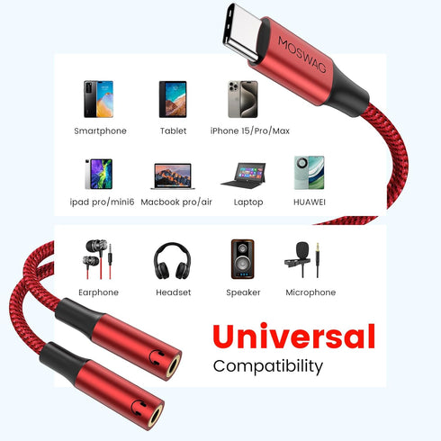 MOSWAG Type C to Dual 3.5mm Aux Headphone Jack Adapter, Hi-Res 2 Way Audio Y Cable for iPad, Samsung, Google