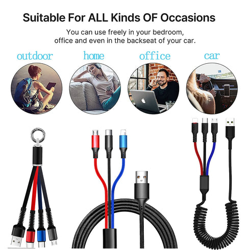 Multifunction USB Charging Cable Set,3 Pack 3 in 1 Nylon Braided Cord,Multiple Fast Charger Cords for Home,Office,Car