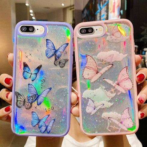 LCHULLE Girly Case for iPhone SE 2022/3rd/SE 2020/2nd, Iridescent Butterfly Design, Soft TPU Bumper