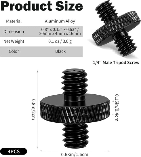 Thrymme 4 1/4" 1/4" Pcs Camera Tripod Screw, Male to Male Threaded Tripod Screw Tripods Nut Connectors, Double Sided