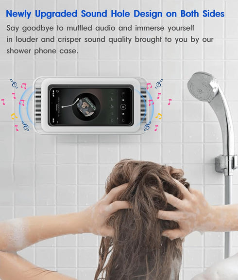 Waterproof Shower Phone Holder with 360° Rotation, Angle Adjustable, Enhanced Sound Quality, Wall Mounted Phone Holder for Bathroom Mirror Bathtub Kitchen, Up to 7 Inch (White)