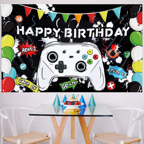 Video Game Happy Birthday Backdrop Banner for Kids Boys Party - Gaming Photography Background Wall Decoration Supplies