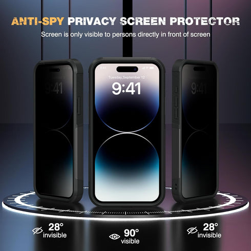 Diaclara iPhone 14 Pro Max Case - Heavy Duty Black, Military Grade Drop Protection, Anti-Spy Privacy Screen Protector.