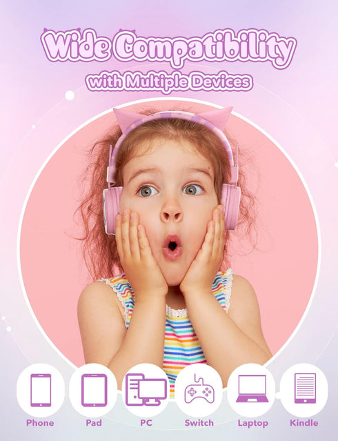 Shop SIMJAR Cat Ear Kids Headphones (Pink) with Microphone, Volume Limiter 85/94dB, Foldable for School & Travel.