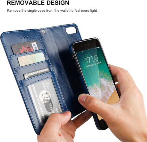 Bocasal Wallet Case for iPhone 7/8 Plus, 5.5 inch, Blue, Magnetic Detachable Kickstand, Card Holder, Shockproof