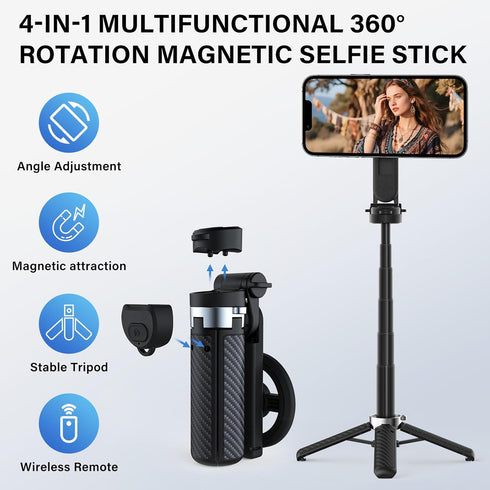 NKDFRI 4-in-1 360 (1PC) Opticnock Magnetic Selfie Stick for iPhone/Android - Rotatable, Extendable with Wireless Remote