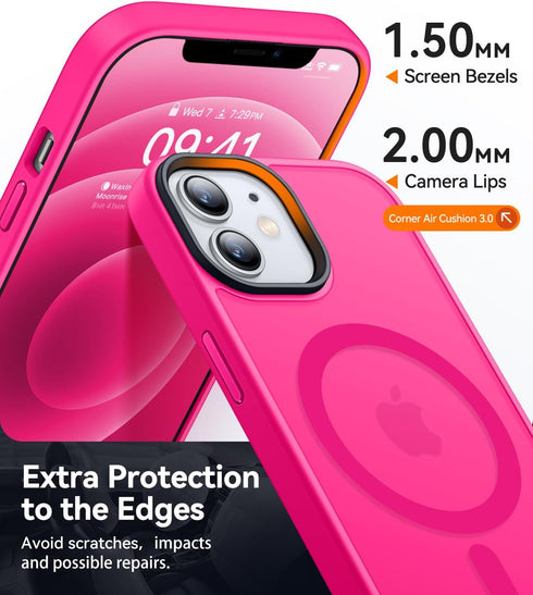 CANSHN Slim Shockproof Case for iPhone 12/12 Pro 6.1" - Hot Pink, Translucent Matte, MagSafe Compatible Bumper Cover.