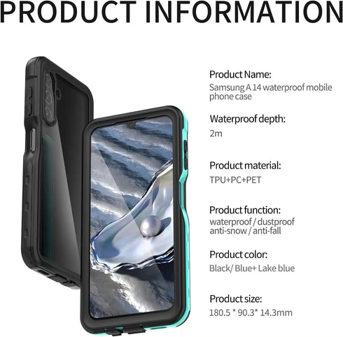 Waterproof Case for Samsung Galaxy A14 4G/5G, Snowproof, Dustproof, Shockproof, Full Body Protection, Black
